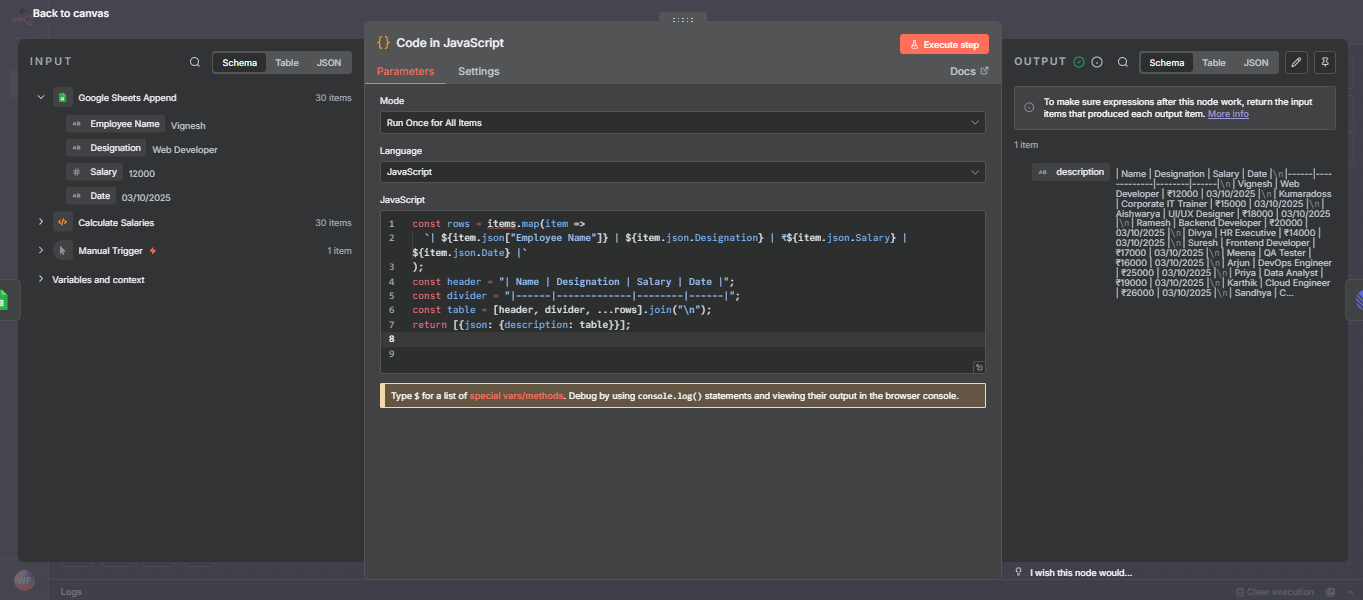 n8n Code in JavaScript node showing employee data table formatting with name designation salary date columns