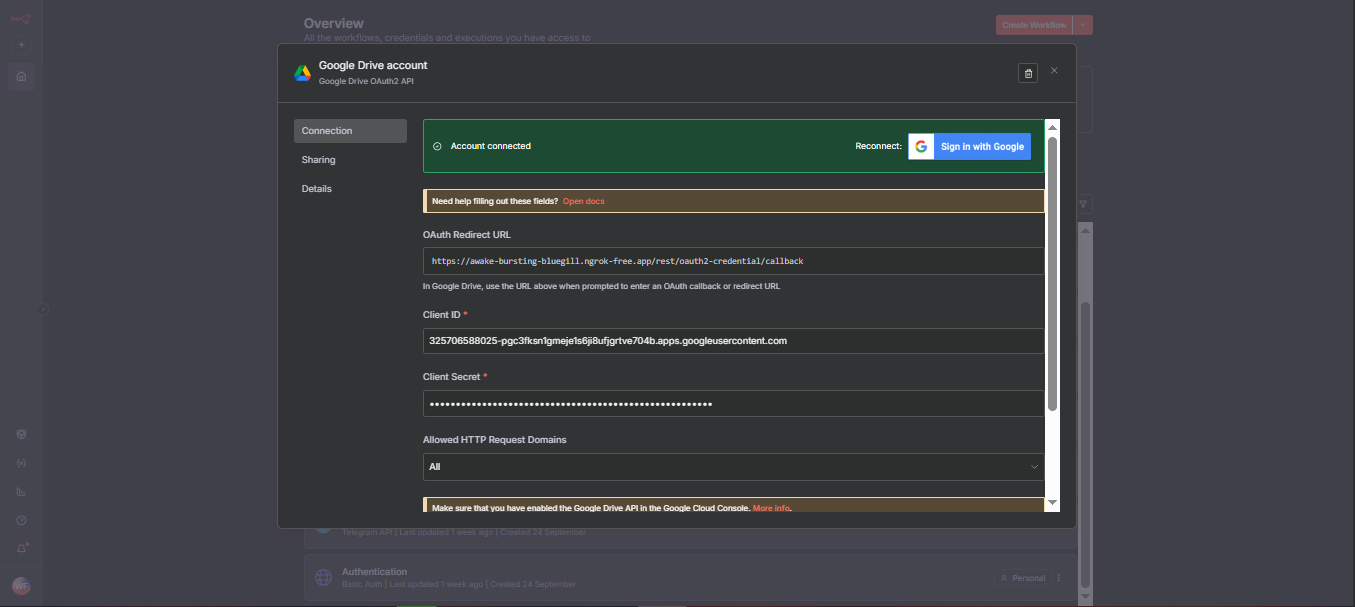 Google Drive OAuth2 API credentials connection interface with client authentication and domain settings