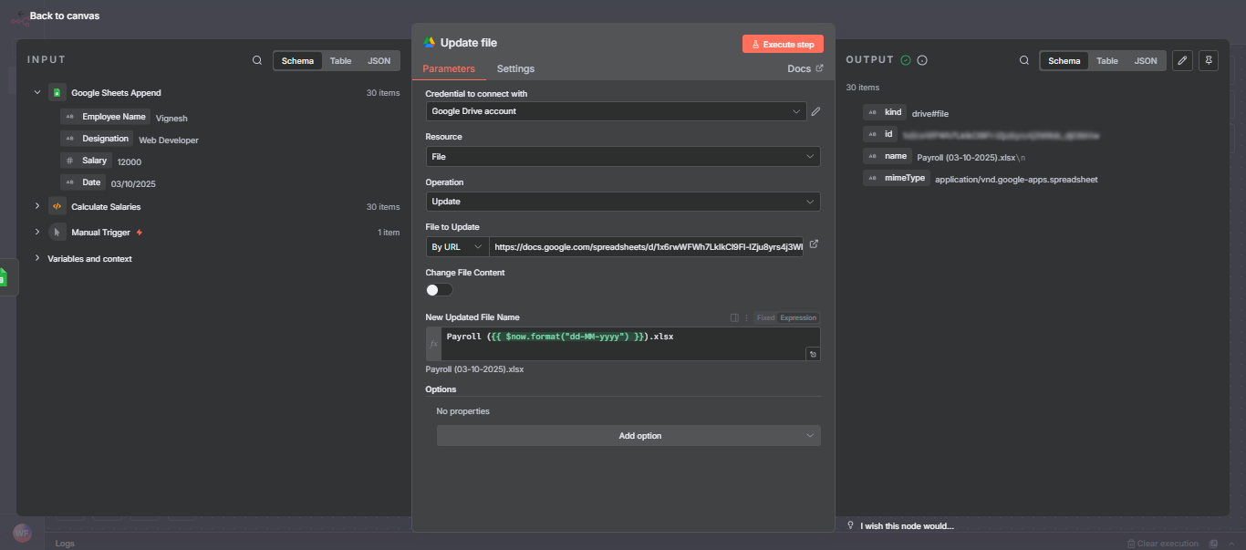 n8n Update File node configuration showing Google Drive file update with dynamic filename and URL parameters