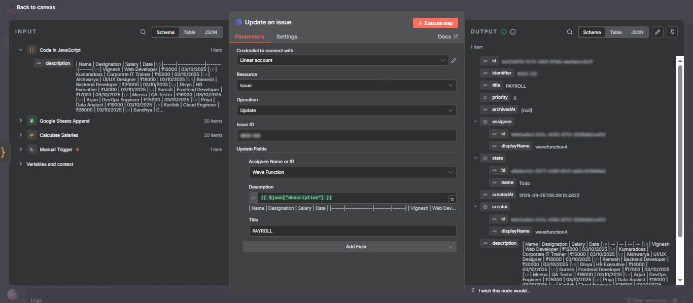 n8n Update an Issue node configuration with Linear account credentials and payroll description fields