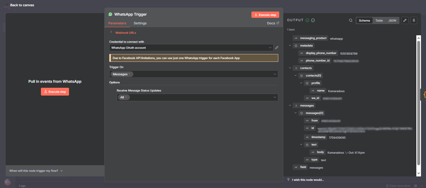 n8n WhatsApp Trigger node configuration screen showing OAuth account credentials Messages trigger option and output data with messaging product contacts and messages fields
