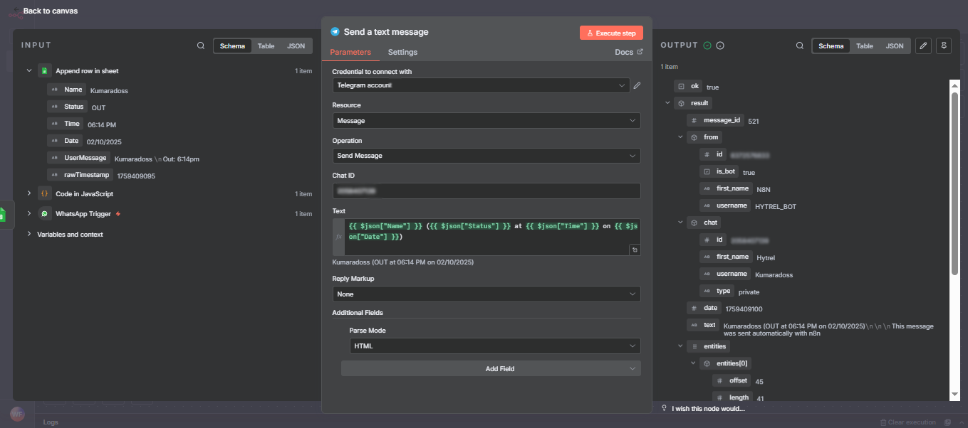 n8n Send a text message node with Telegram integration showing payroll confirmation message and chat ID