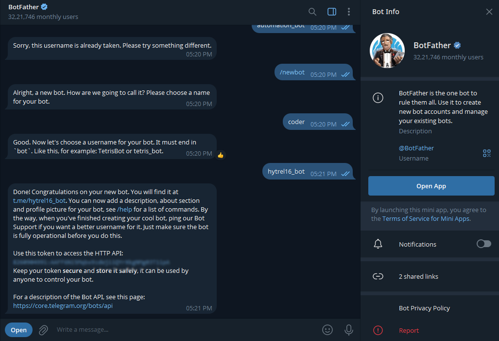Telegram BotFather conversation showing complete bot creation process including username selection bot token generation and HTTP API setup instructions