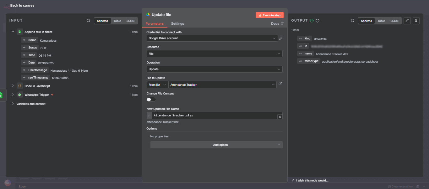 n8n Update File node configuration showing Google Drive file update with dynamic filename and URL parameters