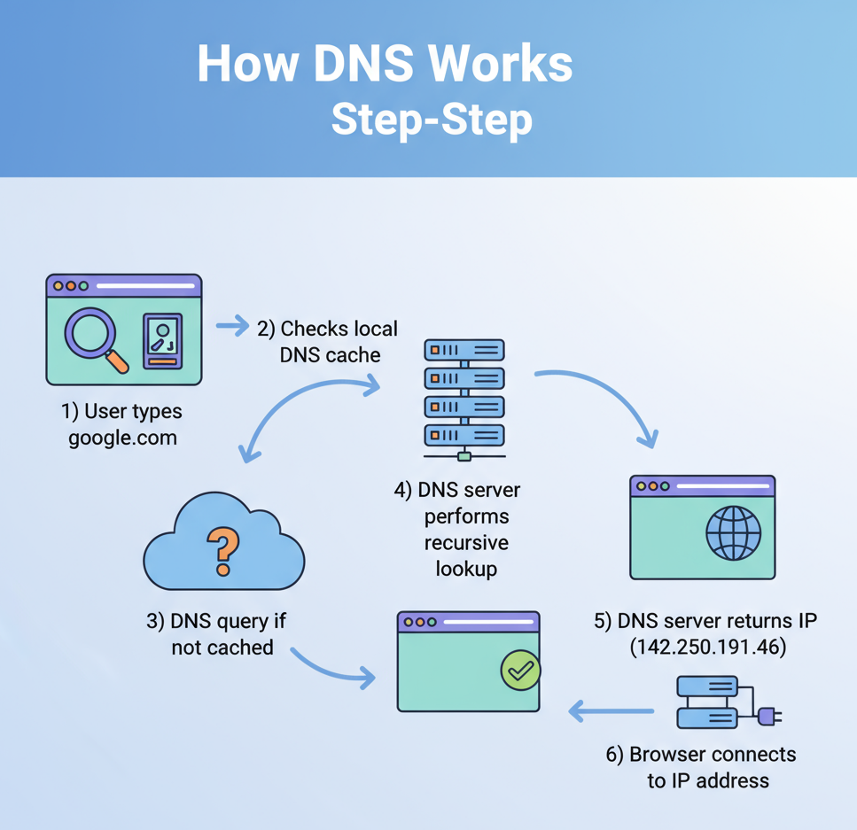 Six-step DNS query process from user input to browser connection with IP address