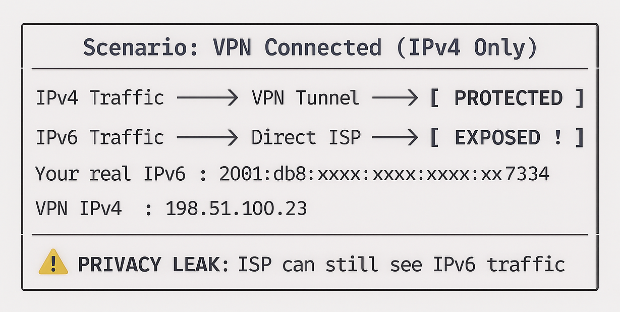 IPv6 leak diagram showing VPN connected with IPv4 traffic protected through VPN tunnel while IPv6 traffic exposes real IP 2001 db8 xxxx xxxx xxxx xx7334 directly to ISP despite VPN IPv4 198.51.100.23 connection active