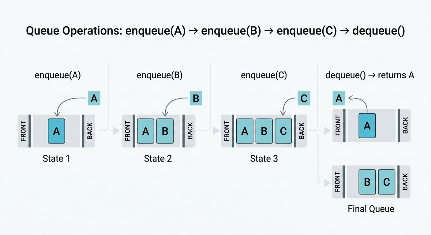 Queue operations diagram showing enqueue and dequeue actions